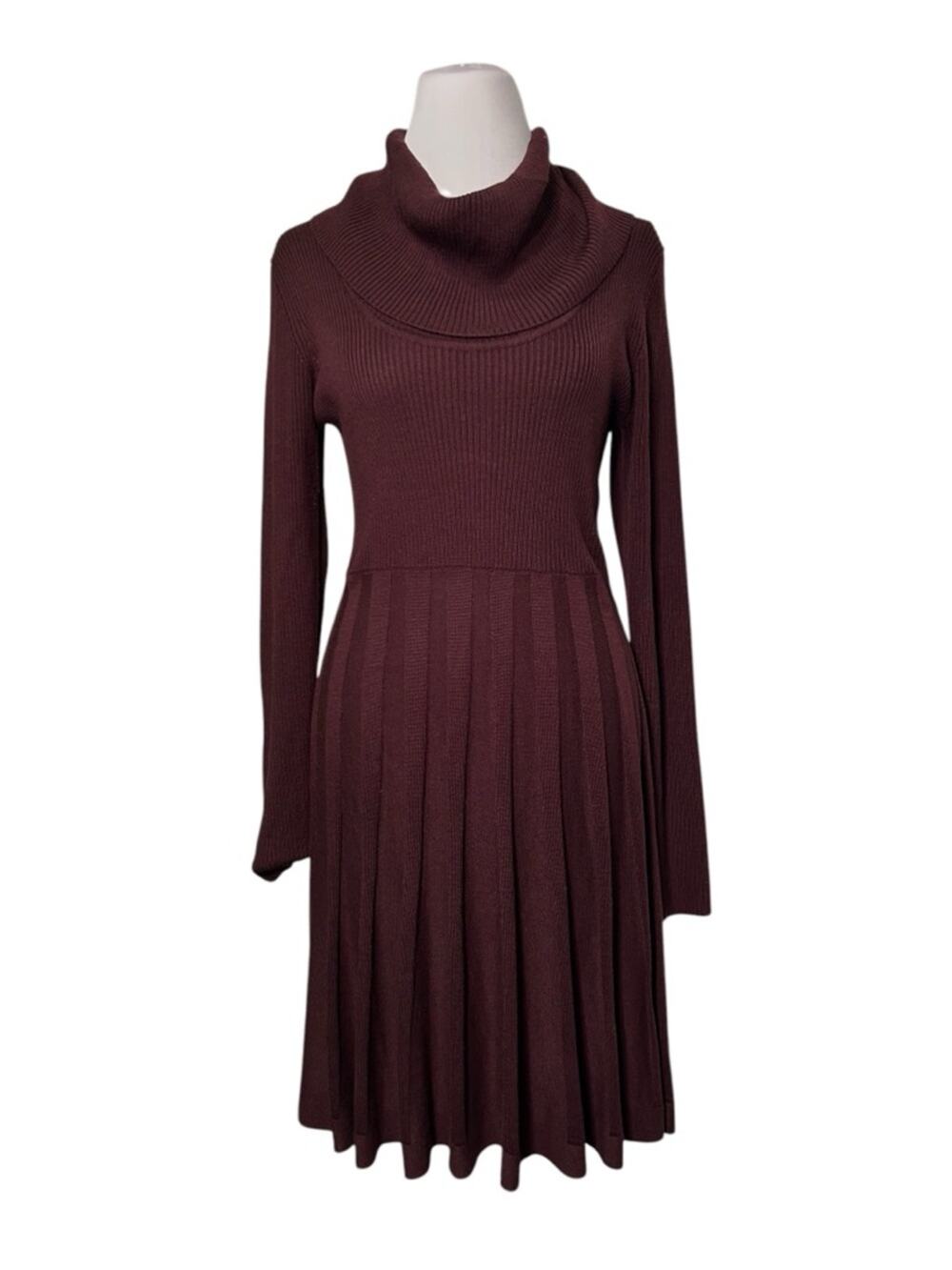 Calvin Klein Plum Ribbed Knit Sweater Dress Size S Cowl Neck Fit & Flare Dk Plum